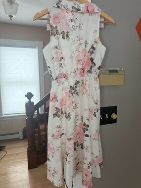 Floral Sleeveless Tie-Waist Midi Dress - Cream with Pink Roses